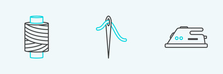 Set line Electric iron, Sewing thread spool and Needle for sewing with icon. Vector