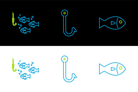 Set line Fish, Fishing hook under water with fish and icon. Vectorのイラスト素材