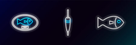 Set line Fish, trophy hanging on the board and Fishing float icon. Glowing neon. Vectorのイラスト素材