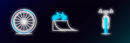 Set line Bicycle, wheel and on street ramp icon. Glowing neon. Vectorのイラスト素材