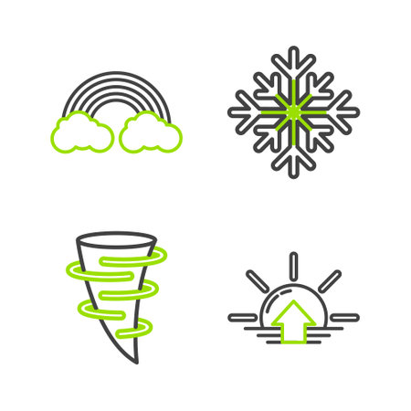 Set line Sunrise, Tornado, Snowflake and Rainbow with clouds icon. Vectorのイラスト素材