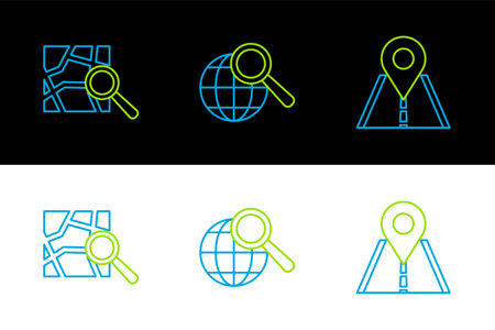 Set line Road traffic sign, Folded map with location marker and Magnifying glass globe icon. Vectorのイラスト素材
