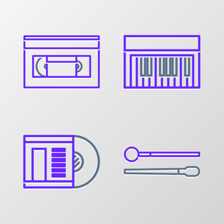 Set line Drum sticks, Vinyl disk, Music synthesizer and VHS video cassette tape icon. Vectorのイラスト素材