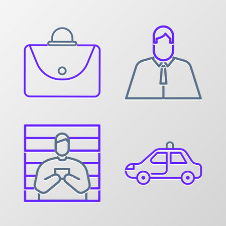 Set line Police car and flasher, Suspect criminal, Lawyer, attorney, jurist and Briefcase icon. Vectorのイラスト素材