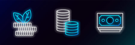 Set line Stacks paper money cash, Dollar plant and Coin with dollar icon. Glowing neon. Vectorのイラスト素材