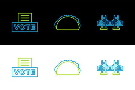 Set line Golden gate bridge, Vote box and Taco with tortilla icon. Vectorのイラスト素材