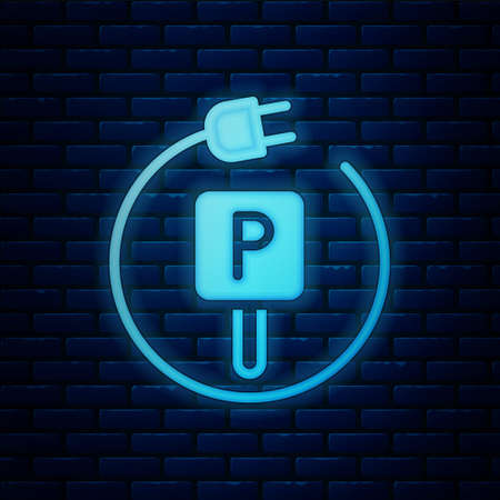 Glowing neon Charging parking electric car icon isolated on brick wall background. Vectorのイラスト素材