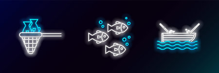 Set line Fishing boat with fishing rod on water, net and icon. Glowing neon. Vectorのイラスト素材