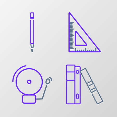 Set line Office folders with papers and documents, Ringing alarm bell, Triangular ruler and Pencil eraser icon. Vectorのイラスト素材