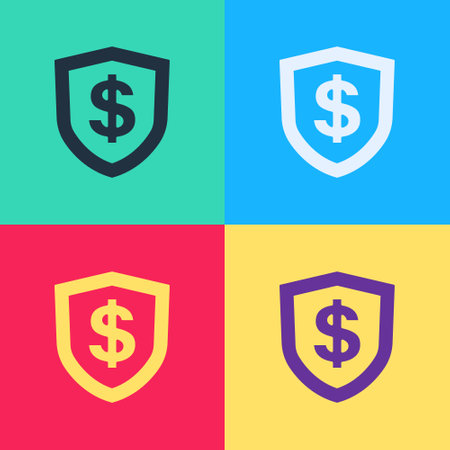 Pop art Shield with dollar symbol icon isolated on color background. Security shield protection. Money security concept. Vectorのイラスト素材