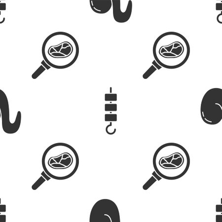 Set Fried chicken wing, Grilled shish kebab on skewer stick and Steak meat in frying pan on seamless pattern. Vectorのイラスト素材