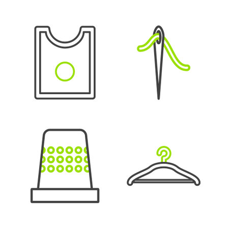 Set line Hanger wardrobe Thimble for sewing Needle with thread and Sewing Pattern icon. Vector.のイラスト素材
