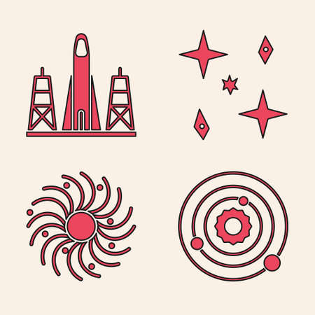 Set Solar system, Rocket launch from the spaceport, Falling stars and Black hole icon. Vectorのイラスト素材