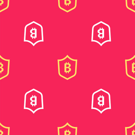 Yellow Shield with bitcoin icon isolated seamless pattern on red background. Cryptocurrency mining, blockchain technology, security, protect, digital money. Vectorのイラスト素材