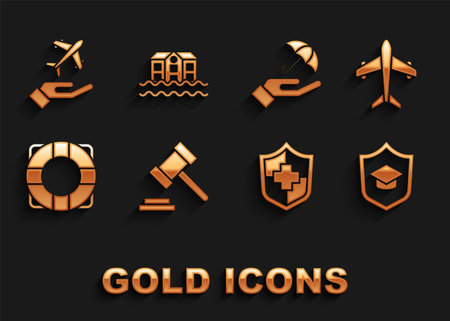 Set Judge gavel, Plane, Graduation cap with shield, Life insurance, Lifebuoy, Umbrella hand, and House flood icon. Vectorのイラスト素材