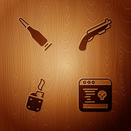 Set System bug, Bullet, Lighter and Police shotgun on wooden background. Vectorのイラスト素材