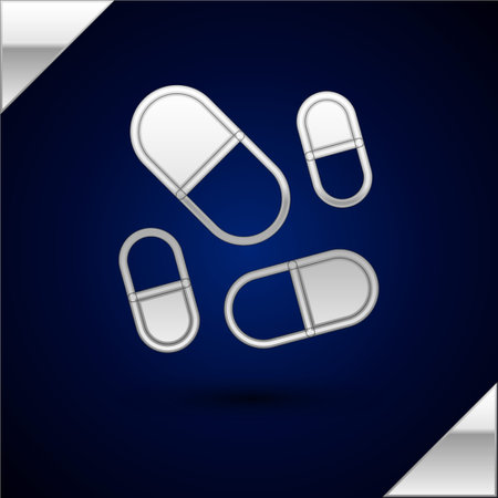Silver Vitamin complex of pill capsule icon isolated on dark blue background. Healthy lifestyle. Vectorのイラスト素材