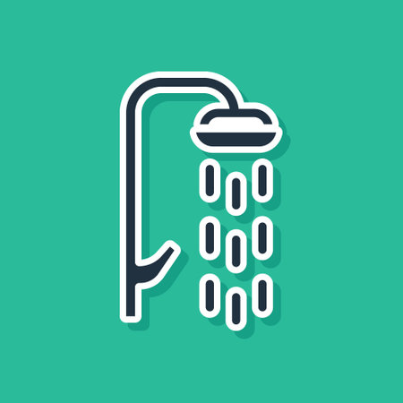 Blue Shower head with water drops flowing icon isolated on green background. Vectorのイラスト素材
