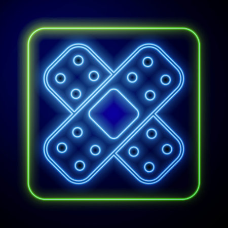 Glowing neon Crossed bandage plaster icon isolated on blue background. Medical plaster, adhesive bandage, flexible fabric bandage. Vectorのイラスト素材