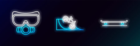 Set line Skateboard, Diving mask and Bicycle on street ramp icon. Glowing neon. Vectorのイラスト素材