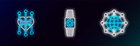 Set line Global technology or social network, Processor and Smartwatch icon. Glowing neon. Vectorのイラスト素材