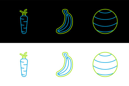 Set line Fitness ball, Carrot and Banana icon. Vectorのイラスト素材
