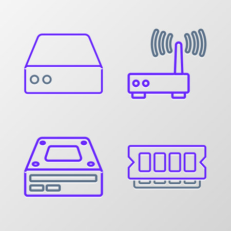 Set line RAM, random access memory, Optical disc drive, Router wi-fi signal and Server, Data, Web Hosting icon. Vectorのイラスト素材