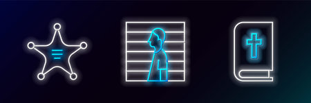 Set line Holy bible book, Hexagram sheriff and Suspect criminal icon. Glowing neon. Vectorのイラスト素材