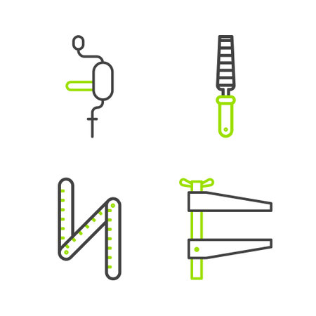 Set line Clamp tool, Folding ruler, Chisel for wood and Hand drill icon. Vectorのイラスト素材