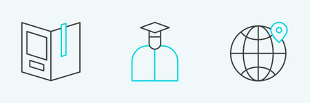 Set line Location on the globe, Open book and Student icon. Vectorのイラスト素材