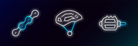 Set line Bicycle pedal, chain and helmet icon. Glowing neon. Vector