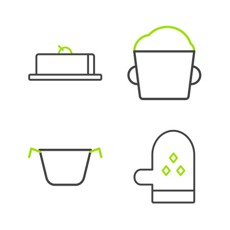 Set line Oven glove, Cooking pot, Bakery bowl dough and Strawberry cheesecake slice icon. Vectorのイラスト素材