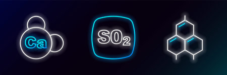 Set line Chemical formula, Mineral Ca Calcium and Sulfur dioxide SO2 icon. Glowing neon. Vectorのイラスト素材