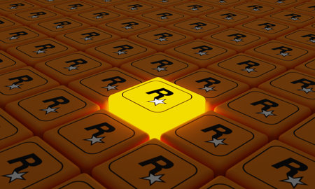 Melitopol, Ukraine - September 28, 2022: Rockstar Games logo icon isolated on shape of cubes....