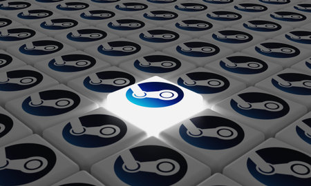 Melitopol, Ukraine - September 28, 2022: Steam logo icon isolated on shape of cubes. Steam is a...