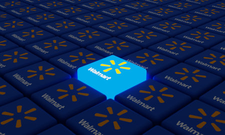 Melitopol, Ukraine - September 28, 2022: Walmart logo icon isolated on shape of cubes. Walmart is an American multinational retail corporationのeditorial素材