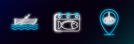Set line Location fishing, Fishing boat with oars water and Calendar icon. Glowing neon. Vectorのイラスト素材