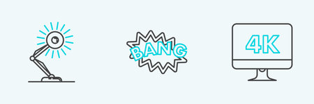 Set line Computer PC monitor with 4k video technology, Table lamp and Bang boom text speech bubble balloon icon. Vectorのイラスト素材