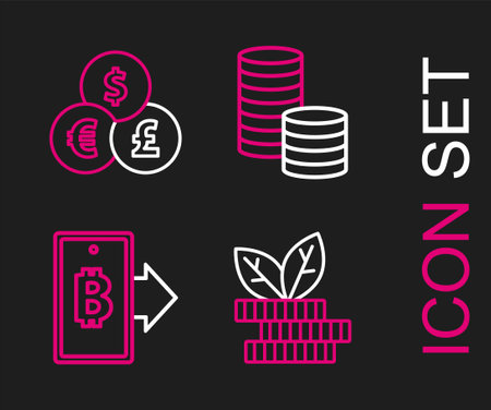 Set line Dollar plant, Mining bitcoin from mobile, Coin money with dollar and Currency exchange icon. Vectorのイラスト素材