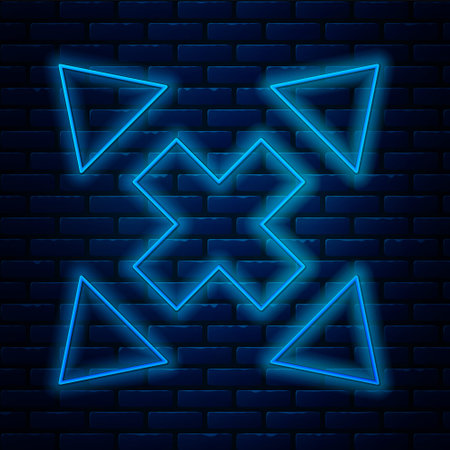 Glowing neon line Many ways directional arrow icon isolated on brick wall background. Vectorのイラスト素材