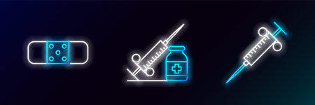 Set line Syringe, Bandage plaster and Medical syringe with needle vial or ampoule icon. Glowing neon. Vectorのイラスト素材