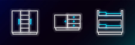 Set line Bunk bed, Wardrobe and Chest of drawers icon. Glowing neon. Vectorのイラスト素材