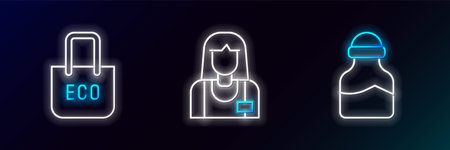 Set line Spice in can, Shopping bag with recycle and Seller icon. Glowing neon. Vectorのイラスト素材