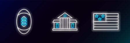 Set line American flag, Football ball and White House icon. Glowing neon. Vectorのイラスト素材
