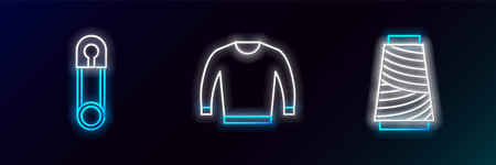 Set line Sewing thread on spool, Classic closed steel safety pin and Sweater icon. Glowing neon. Vectorのイラスト素材
