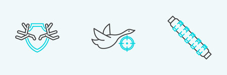 Set line Hunting cartridge belt with cartridges, Deer antlers on shield and duck crosshairs icon. Vectorのイラスト素材