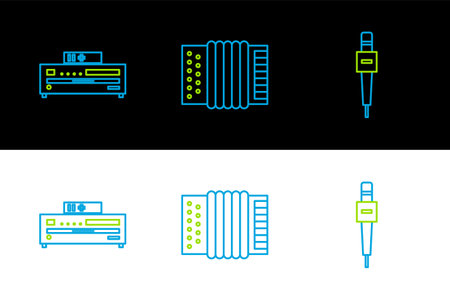 Set line Microphone, Music CD player and Musical instrument accordion icon. Vectorのイラスト素材