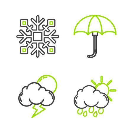 Set line Cloud with rain and sun, Storm, Classic elegant opened umbrella and Snowflake icon. Vectorのイラスト素材