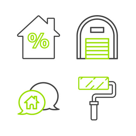 Set line Paint roller brush, House building speech bubble, Warehouse and with percant discount tag icon. Vectorのイラスト素材