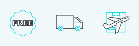 Set line Plane and cardboard box, rice tag with Free and Delivery cargo truck icon. Vectorのイラスト素材